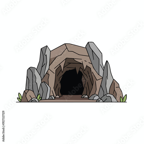 Illustration of a mysterious rocky cave entrance with surrounding natural elements