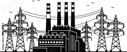 Black and white illustration of a power plant with transmission towers and lines