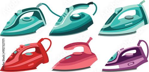 Electric Iron Outline Icon Set  Modern Steam Irons and Household Appliances