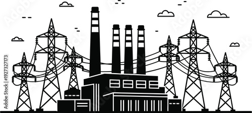 Black and white illustration of a power plant with smokestacks and transmission towers