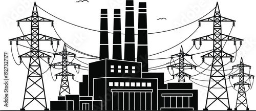 Black silhouette of a power plant with transmission towers and lines