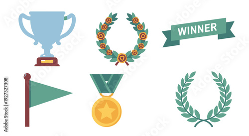 Collection of victory and achievement symbols including a trophy, gold medal, laurel wreaths, winner banner, and flag on a white background.