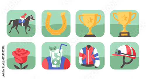 A vibrant collection of icons representing sports and victory, showcasing a horse, trophies, and related elements on a green background from a direct viewpoint