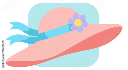 A charming illustration of a wide-brimmed pink sun hat adorned with a light blue ribbon and a purple and yellow flower.