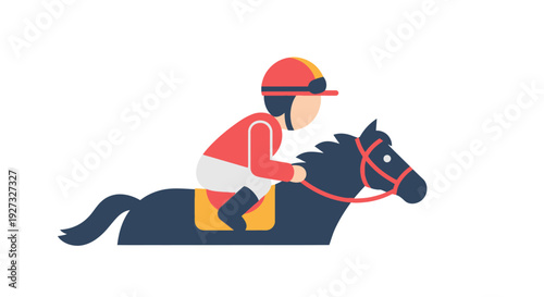 Flat design illustration of a jockey riding a dark horse in a race, depicting speed and equestrian sport.