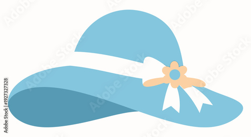 A light blue wide-brimmed sun hat with a white ribbon and a small peach flower.