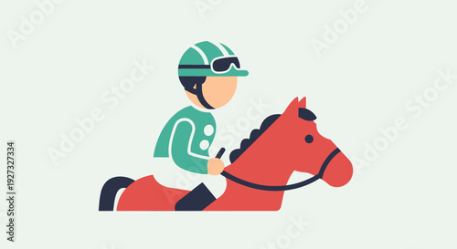 Stylized illustration of a jockey in a green suit riding a red racehorse on a plain background.