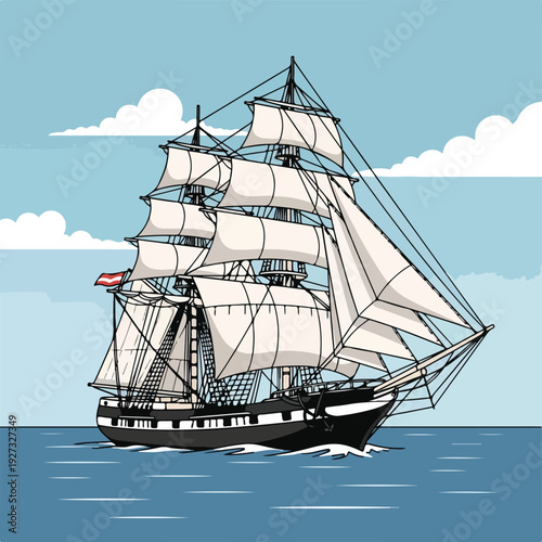 Tall sailing ship with white sails on calm blue water