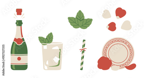 Festive illustration with champagne bottle, cocktail, mint leaves, heart candies, and decorative plate for celebration.