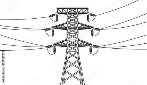 Electricity transmission tower with power lines and insulators