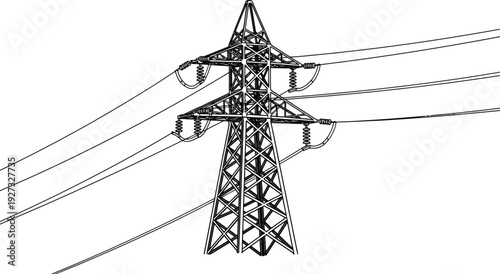 Black and white illustration of a power transmission tower with wires