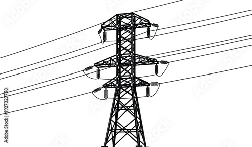 Black and white illustration of a power transmission tower with multiple wires on isolated for industrial and energy concepts
