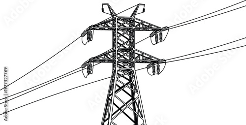 Electricity pylon tower with power lines for energy infrastructure concept