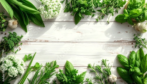 Wallpaper Mural Frische Frühlingskräuter mit Bärlauch auf Holz mit viel Copyspace Torontodigital.ca