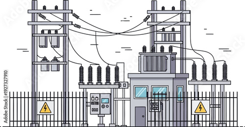 A detailed illustration of a castle gate with barbed wire and warning signs on the fence