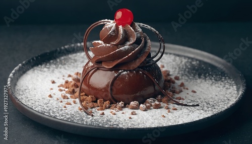 Gourmet Chocolate Dessert with Cherry and Powdered Sugar on Dark Plate
Elegant Chocolate Mousse Dome with Cherry Topping and Chocolate Curls
Fine Dining Chocolate Dessert with Cream Swirl