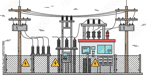 Electric substation with fenced area and warning signs