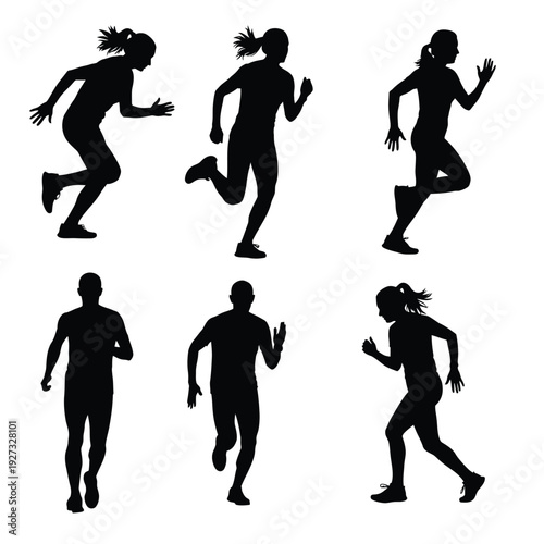 Black silhouettes of people running in various poses