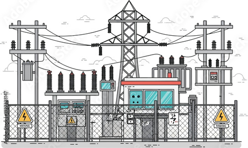 Electric substation with power lines and warning signs on fence