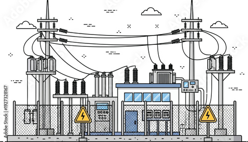 Industrial facility with warning signs and electrical infrastructure