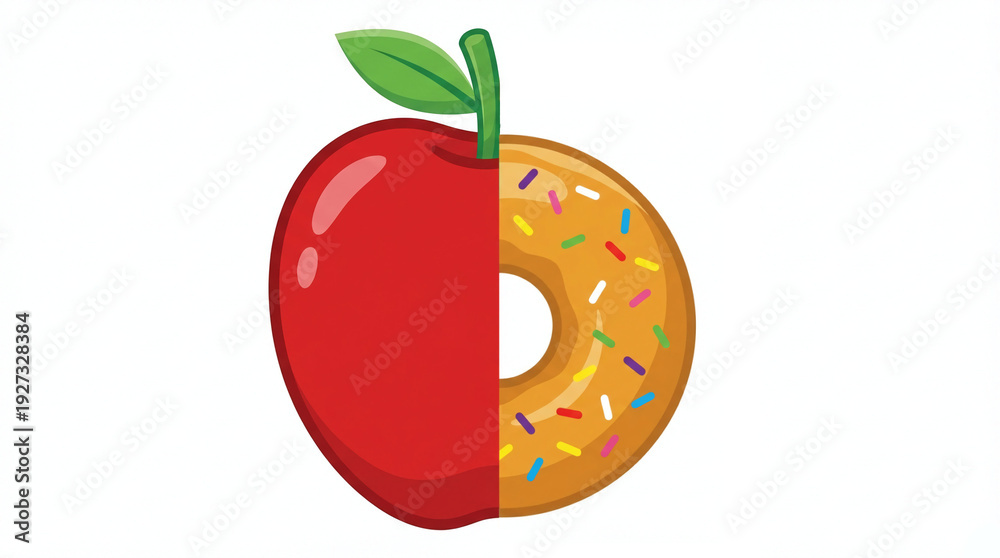 Obraz premium Half Apple Half Donut Healthy vs Junk Food Vector Concept 