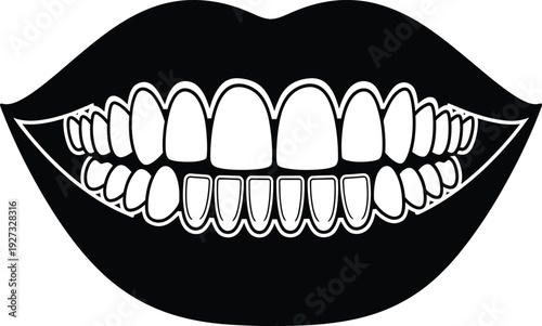 A black and white illustration of lips and teeth on a pure, showcasing a set of human teeth with detailed lines