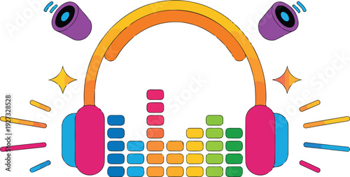 A vibrant illustration featuring colorful headphones positioned above a digital sound equalizer with stage lights and radiating lines against a solid black background.