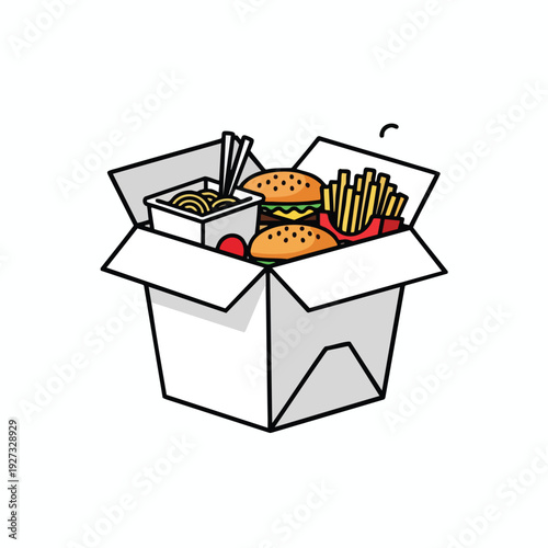 Delicious Fast Food Snacks in a Cardboard Takeout Box Perfect for Casual Dining and Food Delivery