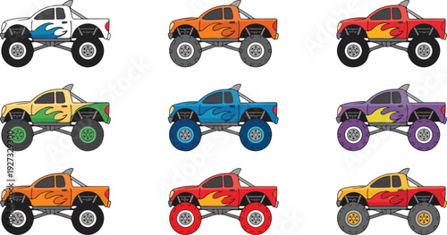 Cartoon Monster Truck Outline Icon Set  Big Wheels and Off-Road Vehicles