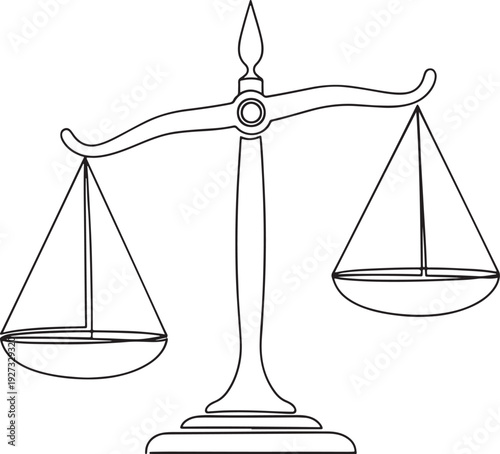 Elegant line art depiction of a traditional balance scale, representing the fundamental principles of justice, fairness, and the critical process of weighing options or facts