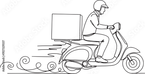 Dynamic continuous line art illustration of a fast-moving delivery person on a scooter, showcasing efficient and speedy courier service for urban logistics