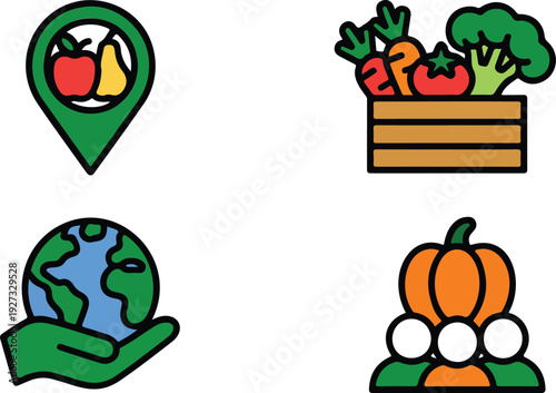 Local Food and Sustainability Flat Icon Set with Community Symbols