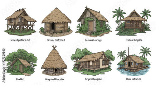 Eight distinct tropical dwelling illustrations with descriptive labels beneath