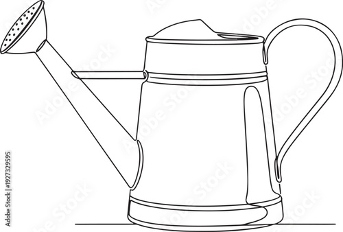 Graceful continuous line art illustration of a classic watering can, an indispensable tool for gentle plant care, symbolizing the nurturing aspects of gardening and fostering natural growth