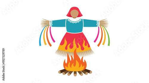 Vibrant stylized illustration depicting a traditional straw effigy doll ablaze on a warm bonfire, symbolizing ancient folk celebrations, winter farewell rituals, and the joyful arrival of spring
