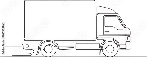Line drawing of a box truck in motion, conveying delivery or logistics services