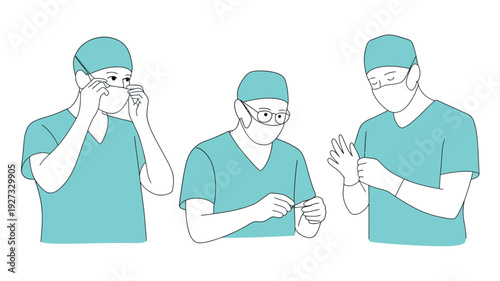 A step-by-step visual guide illustrating the proper donning sequence for surgical attire, including mask, eyewear, and gloves for infection control