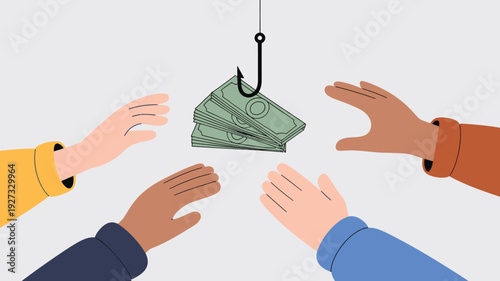 Illustration of multiple hands reaching for money on a fishing hook, symbolizing greed, temptation, and financial struggles, a concept of financial risk
