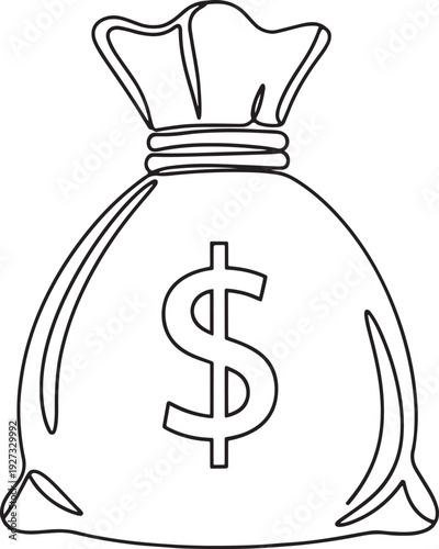 Continuous single line drawing of a traditional money bag adorned with a dollar sign, symbolizing financial prosperity, accumulated wealth, and successful economic ventures