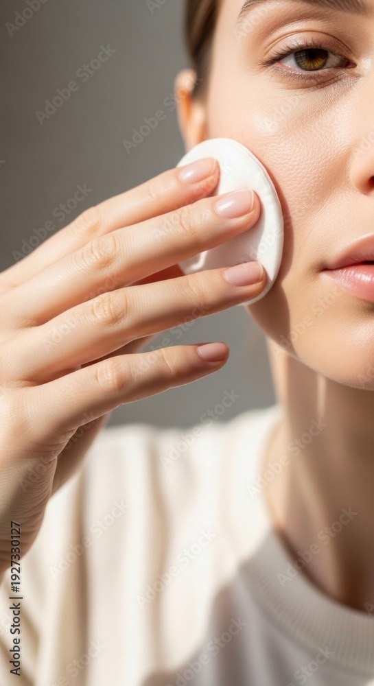 Fototapeta premium Woman gently removes makeup with cotton pad from face