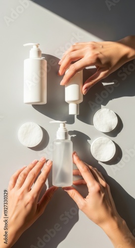 Hands arranging skincare bottles and cosmetic containers on gray background