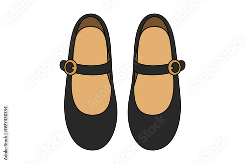 A minimalist vector illustration depicting a classic pair of black women's ballet flats, featuring an elegant buckle strap, ideal for fashion, comfort, and versatile everyday style