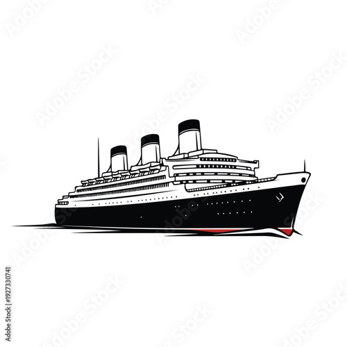 Large ocean cruise ship with three smokestacks on white background