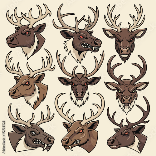 Deer heads with various expressions and antlers on beige background