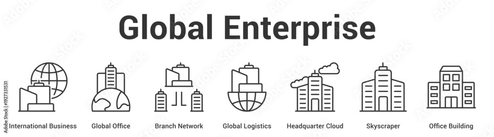 Obraz premium Global Enterprise web banner icon set vector illustration concept for business with icon of International Business, Global Office, Branch Network, Global Logistics, Headquarter Cloud, Skyscrap.