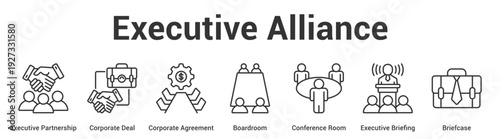 Executive Alliance web banner icon set vector illustration concept for business with icon of Executive Partnership, Corporate Deal, Corporate Agreement, Boardroom, Conference Room, Execut.