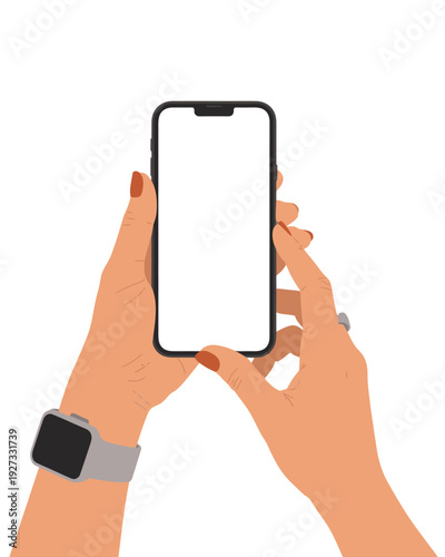 A clean, contemporary vector illustration showcasing two hands holding a modern smartphone with a blank white screen, ideal for digital design mockups and technology-related content