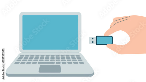 A minimalist illustration depicting a human hand presenting a sleek USB flash drive next to a modern laptop, symbolizing data transfer, digital storage, and technological connectivity
