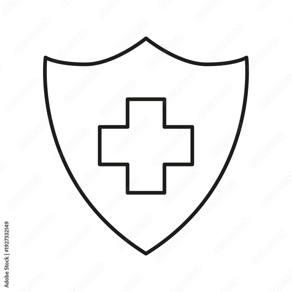 Fototapeta premium Shield With Medical Cross Line Icon. Health Protection And Safety Outline Symbol. Medical Security And Healthcare Assurance. Editable Stroke. Isolated Vector Illustration