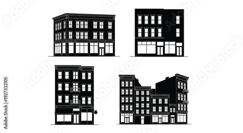 Architectural drawings of four different building facades